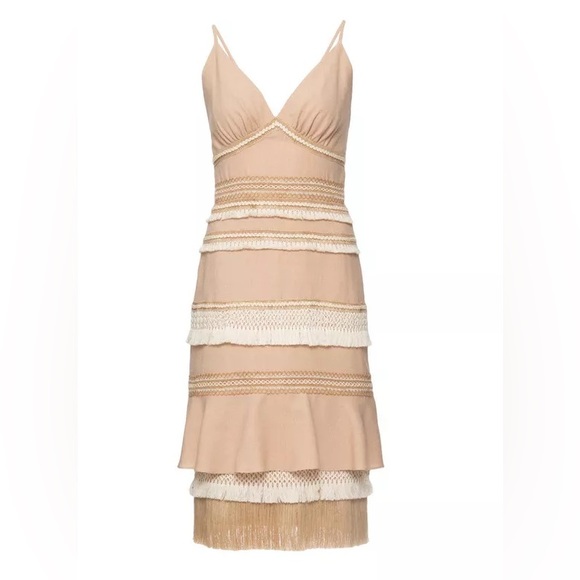 PatBO Fringe Trim Ruffle Linen Mini knee length Dress sand size 36 US 4 new - Picture 3 of 10